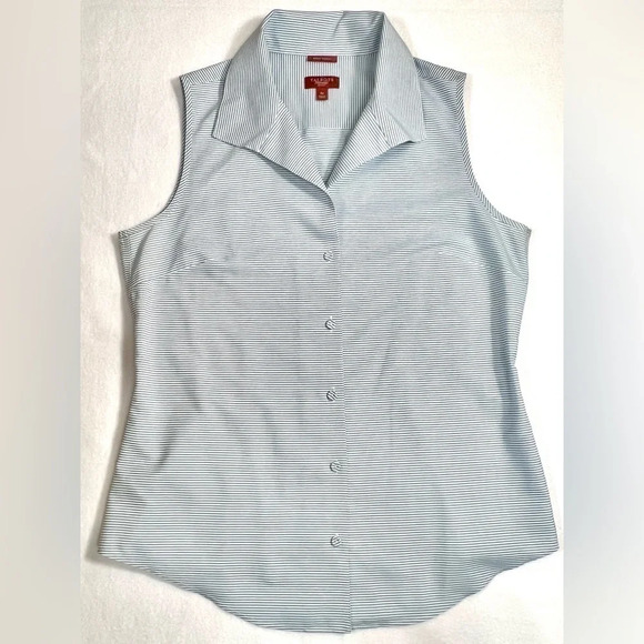 TALBOTS Women’s Haberdashery Petites Sleeveless Blue Stripe Button‎ Down Size 4P - Picture 2 of 13